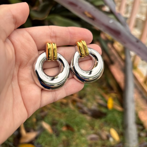 18K White Gold Plated Two tone Silver and Gold Hoop Earrings - Picture 6 of 8